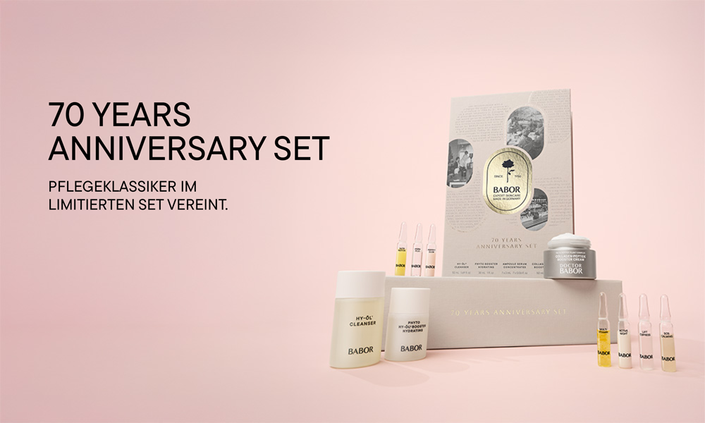 Werbebanner des BABOR 70 Years Anniversary Set mit HY-ÖL Cleanser, Phyto Booster, Ampullen und Collagen-Peptide Cream.